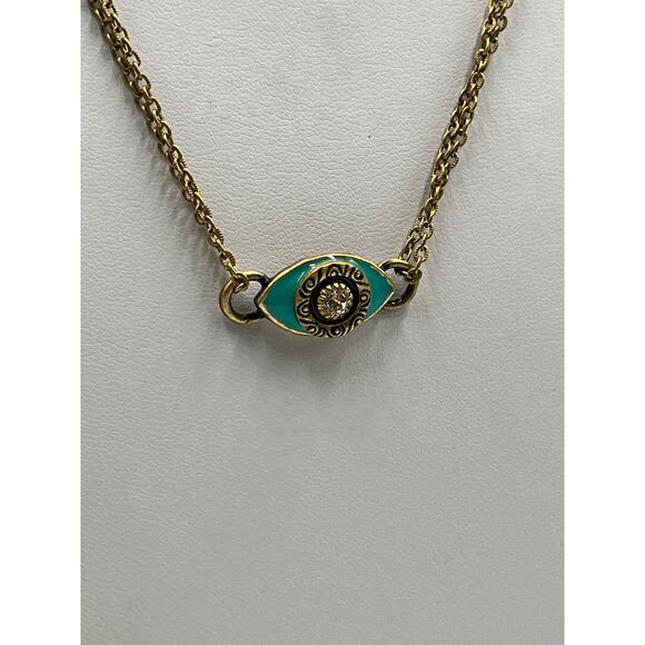 Michal Golan Turquoise and Black Evil Eye Necklace on Double Chain Rhinestone - Picture 3 of 15